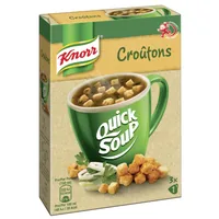 Knorr Quick Soup Croûtons 3 Portionen - Produkttyp: Instantsuppen - Nährwertangabe pro: 100 ml - Energiegehalt (in kj): 148 KJ - Energiegehalt (in kcal): 35 Kcal - Fett: 1.9 g - Gesättigte Fettsäuren: 1 g