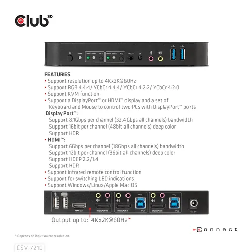 CLUB3D CSV-7210 Tastatur/Video/Maus (KVM)-Switch Schwarz