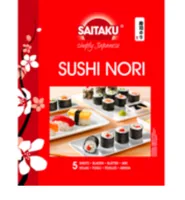 Saitaku Sushi Nori 14 g - Produkttyp: Sushizubehör - Nährwertangabe pro: 100 g - Energiegehalt (in kj): 1541 KJ - Energiegehalt (in kcal): 364 Kcal - Fett: 5.3 g - Gesättigte Fettsäuren: 1.8 g