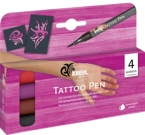 Kreul Effektfarbe Tattoo Pen Tribals 4 Stück, Mehrfarbig - Art: Bodypaint Airbrushfarbe - Detailfarbe: Rot - Schwarz - Violett - Set: Ja