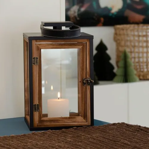 balthasar Laterne Umber 33 cm, Braun/Schwarz - Höhe: 33 cm - Detailfarbe: Braun - Schwarz - Detailmaterial: Glas - Metall - Holz - Grundmaterial: Holz - Glas - Metall