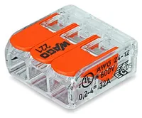 WAGO Verbindungsklemme COMPACT 3-fach, 50 Stück - Schutzklasse: IP20 - Verwendung Klemmen: Drähte + Litzen - Verpackungseinheit: 50 Stück - Detailfarbe: Orange - Transparent - Eigenschaften Hausinstallation: Selbstlöschend - Flammwidrig - E-Nr.: 157812314