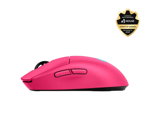 Logitech Gaming-Maus PRO 2 LIGHTSPEED - Maus Features: RGB-Beleuchtung - Seitliche Zusatztasten - Programmierbare Tasten - Scrollrad - Integrierter Speicher - Bedienungsseite: Universal - Detailfarbe: Pink - Gewicht: 80 g - Verbindungsart: Verkabelt - Kab