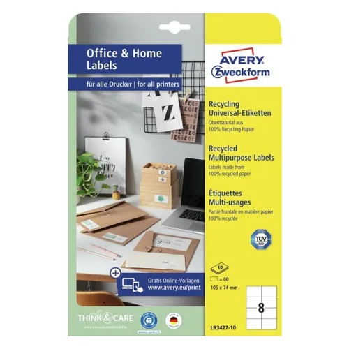 Avery Zweckform Universal-Etiketten LR3427 105 x 74 mm, 10 Blatt - Klebehaftung: Stark haftend - Drucker Kompatibilität: Laser - Inkjet - Anzahl Blatt: 10 × - Papierformat: A4 - Anzahl Etiketten: 80 - Etikettengrösse: 105 x 74 mm