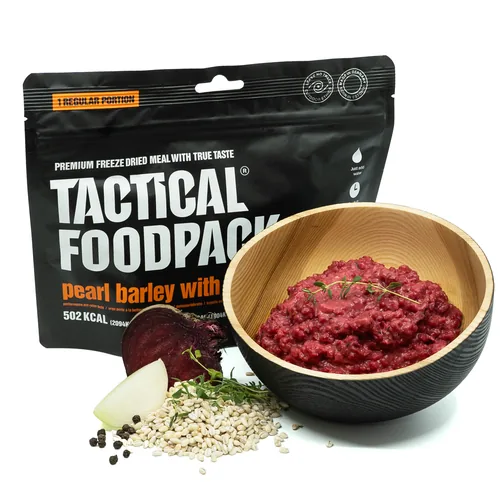 Tactical Foodpack Hauptgericht Perlgraupen mit Roter Bete - Produkttyp: Gemüse - Nährwertangabe pro: Portion - Energiegehalt (in kj): 2094 KJ - Energiegehalt (in kcal): 502 Kcal - Fett: 25 g - Gesättigte Fettsäuren: 15 g
