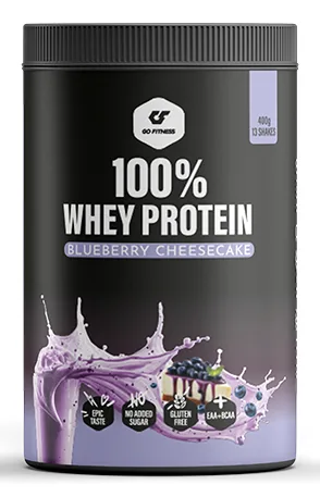 Go Fitness Pulver 100% Whey Protein Blaubeeren/Cheesecake 400 g - Produktionsland: Schweden - Anwendungszweck: Muskelaufbau - Einnahme: Nach Aktivität - Vor Aktivität - Gewicht pro Einheit: 400 g - Verpackungseinheit: 1 Stück - Sportart: Fitness