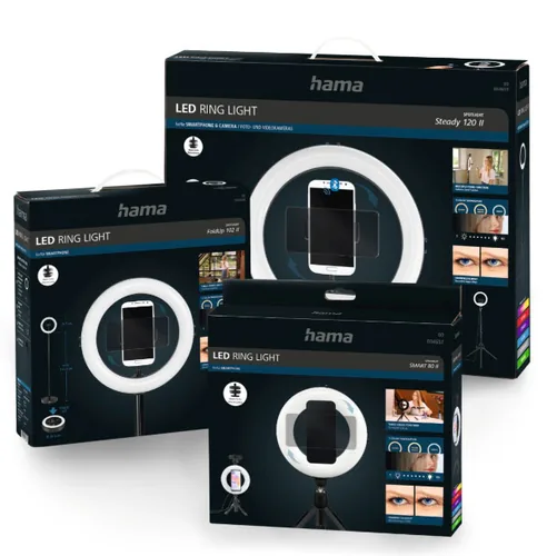 Hama Ringlicht SpotLight Smart 80 II - Farbtemperatur Kelvin: 5500 K - 2100 K - 3000 K - Lichtfarbe: Tageslichtweiss (Kaltweiss) - Neutralweiss - Warmweiss - Leuchtenfarbe: Schwarz