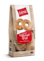 Wernli Gebäck Willisauer Ringli Original 290 g - Produkttyp: Guetzli - Nährwertangabe pro: 100 g - Energiegehalt (in kj): 1669 KJ - Energiegehalt (in kcal): 393 Kcal - Fett: 0.7 g - Davon gesättigte Fettsäuren: 0 g