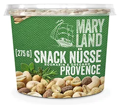 Maryland Snack Nüsse Provence 275 g - Produkttyp: Mischungen - Nährwertangabe pro: 100 g - Energiegehalt (in kj): 2499 KJ - Energiegehalt (in kcal): 603 Kcal - Fett: 48 g - Gesättigte Fettsäuren: 6.8 g