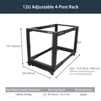 12U SERVER RACK - OPEN FRAME ADJUSTABLE DEPTH 4 POST RACK