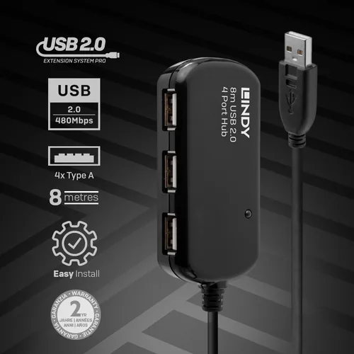 LINDY USB 2.0 Aktiv-Verlängerungs-Hub Pro 4 Port 8m