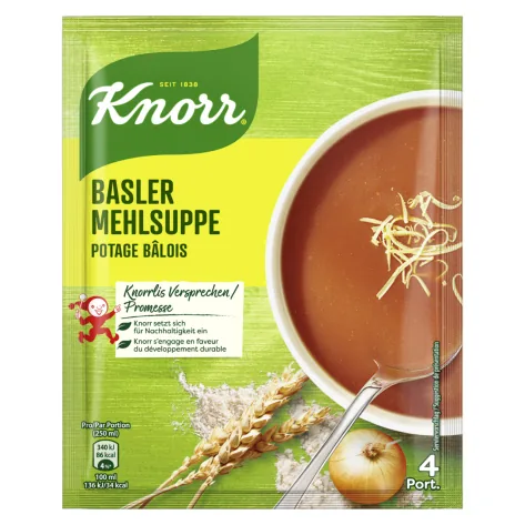 Knorr Basler Mehlsuppe 4 Portionen - Produkttyp: Beutelsuppen - Nährwertangabe pro: 100 g - Energiegehalt (in kj): 138 KJ - Energiegehalt (in kcal): 35 Kcal - Fett: 0.8 g - Gesättigte Fettsäuren: 0.5 g