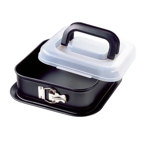 Kaiser Springform Quadratisch mit Transporthaube - Materialtyp: Metall - Material: Karbonstahl - Detailfarbe: Schwarz - Set: Nein - Backform Typ: Springform - Verpackungseinheit: 1 Stück