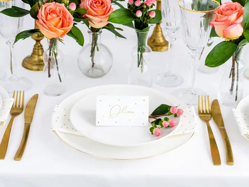 Partydeco Tischkarte Punkte 9.5 x 5.5 cm, 10 Stück, Weiss/Gold - Papierformat: 9.5 x 5.5 cm - Motiv: Hochzeit - Verpackungseinheit: 10 Stück - Detailfarbe: Gold - Weiss - Inkl. Couvert: Nein