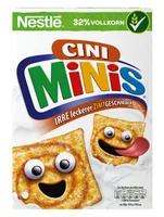 Nestlé Cerealien Cerealien Cini Minis 375 g - Produkttyp: Getreide - Nährwertangabe pro: 100 g - Energiegehalt (in kj): 1770 KJ - Energiegehalt (in kcal): 420 Kcal - Fett: 10.1 g - Gesättigte Fettsäuren: 1.1 g