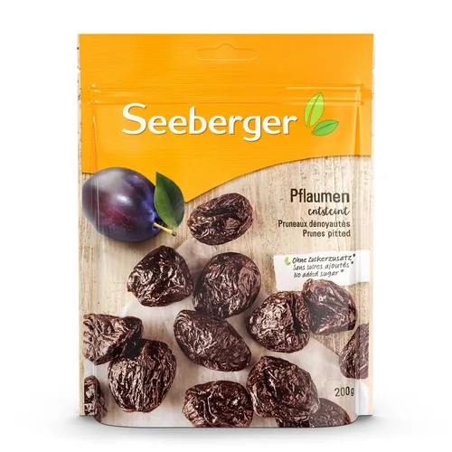 Seeberger Pflaumen entsteint 200 g - Produkttyp: Pflaumen & Zwetschgen - Nährwertangabe pro: 100 g - Energiegehalt (in kj): 1.034 KJ - Energiegehalt (in kcal): 245 Kcal - Fett: 0.6 g - Gesättigte Fettsäuren: 0.2 g