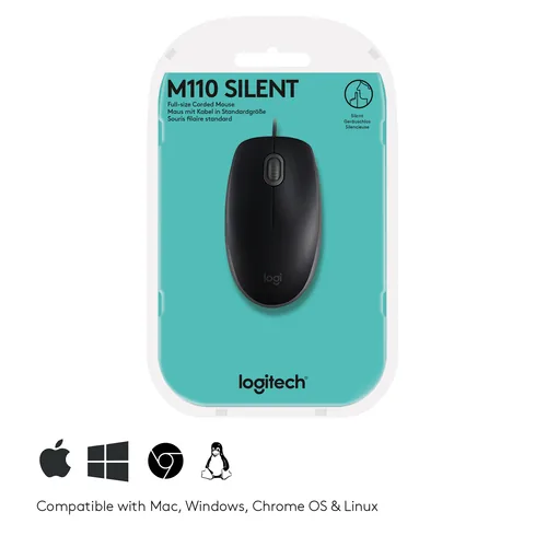Logitech Maus B110 Silent - Maus-Typ: Standard - Maus Features: Silent-Tasten - Scrollrad - Bedienungsseite: Universal - Detailfarbe: Schwarz - Verbindungsart: Verkabelt - Schnittstelle: USB-A