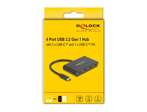 Delock USB-Hub 4 x USB 3.0 Typ-C - Stromversorgung: USB - Anzahl Ports: 4 - Detailfarbe: Schwarz - USB Standard: 3.0/3.1/3.2 Gen 1 (5 Gbps) - USB Anschluss 2 (Endgerät): USB C - USB Anschluss 1 (Quelle): USB C
