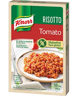 Knorr Risotto Tomato glutenfrei 250 g - Produkttyp: Risotto - Nährwertangabe pro: 100 g - Energiegehalt (in kj): 511 KJ - Energiegehalt (in kcal): 122 Kcal - Fett: 0.6 g - Gesättigte Fettsäuren: 0.3 g