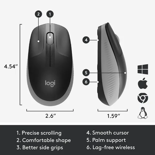 Logitech Mouse M190 Wireless FULL-SIZE grey für mittelgroße bis große Hände