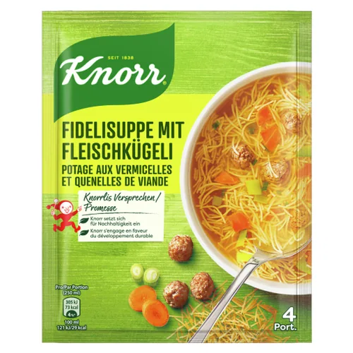 Knorr Fidelisuppe mit Fleischkügeli 4 Portionen - Produkttyp: Beutelsuppen - Nährwertangabe pro: 100 g - Energiegehalt (in kj): 111 KJ - Energiegehalt (in kcal): 26 Kcal - Fett: 0.5 g - Gesättigte Fettsäuren: 0.3 g