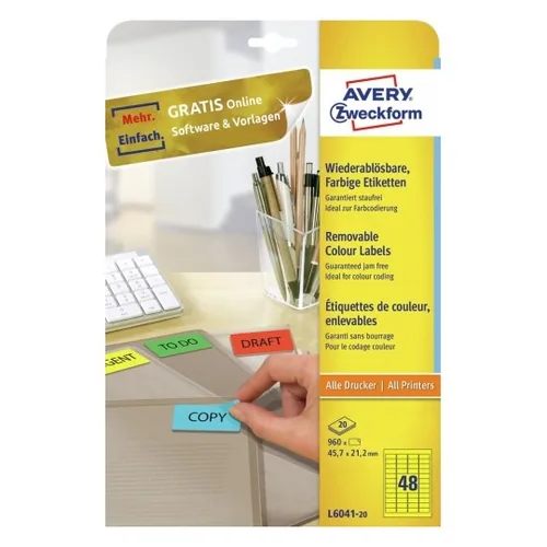 Avery Zweckform Mini-Etiketten 45.7 x 21.2 mm, 20 Blatt - Klebehaftung: Stark haftend - Drucker Kompatibilität: Laser - Inkjet - Anzahl Blatt: 20 × - Papierformat: A4 - Anzahl Etiketten: 960 - Etikettengrösse: 45.7 x 21.2 mm