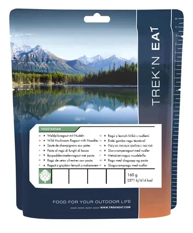 Trek 'N Eat Hauptgericht Waldpilzragout mit Nudeln - Produkttyp: Nudelgerichte - Nährwertangabe pro: 100 g - Energiegehalt (in kj): 1607 KJ - Energiegehalt (in kcal): 384 Kcal - Fett: 10 g - Gesättigte Fettsäuren: 2.8 g