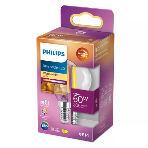 Philips Lampe LEDcla 60W E14 P45 CL WGD90 Warmweiss (WW) - Energieeffizienzklasse EnEV 2020: D - Lampensockel: E14 - Farbtemperatur Kelvin: 2200 bis 2700 K - Gesamtleistung: 5.9 W - Dimmbar: dimmbar - Zusätzliche Ausstattung: EyeComfort - WarmGlow