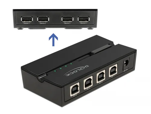 Delock USB-Switch 11494 - Anzahl Eingänge: 4 × - Steckertyp Seite A: USB-B Buchse - Anzahl Ausgänge: 4 × - Steckertyp Seite B: USB-A Buchse - Material: Kunststoff - Bedienungsart: Tasten