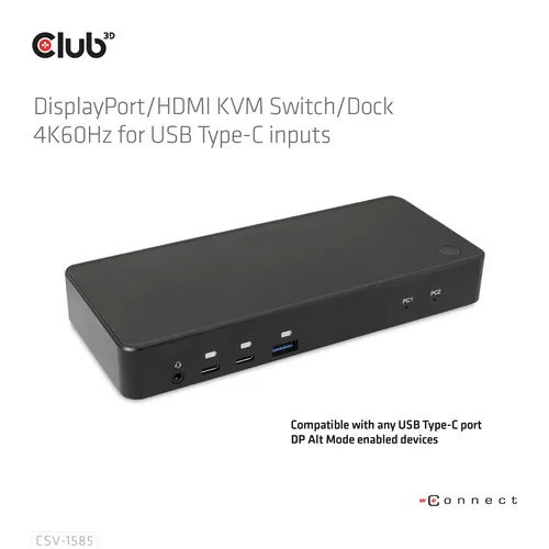Club 3D Dockingstation CSV-1585 DisplayPort/HDMI KVM - Ladefunktion: Ja - Dockinganschluss: USB-C - Kompatible Hersteller: Universal - Vesa-Bohrung vorhanden: Nein