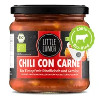 Little Lunch Chili con Carne Bio 350 ml - Produkttyp: Fleisch - Nährwertangabe pro: 100 ml - Energiegehalt (in kj): 457 KJ - Energiegehalt (in kcal): 109 Kcal - Fett: 5.5 g - Gesättigte Fettsäuren: 1.7 g