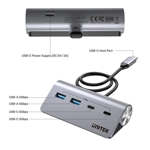 UNITEK ALUMINIUM USB-C HUB 2X USB-A 2X USB-C 5GBPS