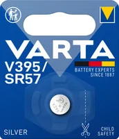 Varta Knopfzelle V395 / SR57 , 1 Stück - Bauform: Uhrenbatterien - Batterietyp: SR57 / V395 / 395 / SR927SW / D395 / 399 / SR927W / D399 - Chemisches System: Silberoxid - Gewicht: 0.68 g - Spannung: 1.55 V