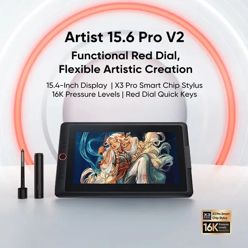 XP-PEN Grafiktablet Artist Pro 15.6 V2 - Stromversorgung: Netzbetrieb - Aktive Arbeitsfläche: 340.99 mm x 191.81 mm - Anzahl Druckstufen: 16384 × - Detailfarbe: Schwarz - Schnittstellen: USB Typ C - Display vorhanden: Ja