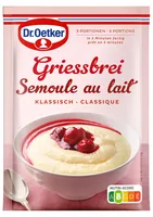 Dr.Oetker Griessbrei 92g - Produkttyp: Süssigkeiten - Nährwertangabe pro: 100 g - Energiegehalt (in kj): 1536 KJ - Energiegehalt (in kcal): 362 Kcal - Fett: 0.5 g - Gesättigte Fettsäuren: 0.3 g