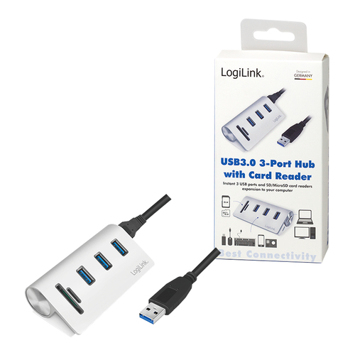 Logilink USB 3.0 HUB 3-Port, mit Kartenleser, ALU, silber