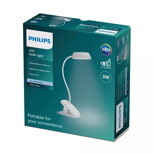 Philips LED Schreibtischleuchte Donutclip, 2.3W, 4000K, USB, weiss - Betriebsart: Netzbetrieb - Lampensockel: LED fest verbaut - Farbtemperatur Kelvin: 4000 K - Gesamtleistung: 3 W - Farbwiedergabeindex CRI: 90 - Dimmbar: dimmbar