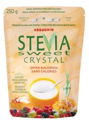 SteviaSweet Süssstoff Stevia Sweet Crystal 250 g - Nährwertangabe pro: 100 g - Energiegehalt (in kj): 2.5 - Energiegehalt (in kcal): 0.6 - Fett: 0 - Gesättigte Fettsäuren: 0 - Kohlenhydrate: 99.3