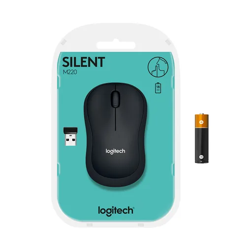 Logitech Maus M220 Silent , kabellos - Maus-Typ: Standard - Maus Features: Ein-/Ausschalter - Silent-Tasten - Scrollrad - Bedienungsseite: Universal - Detailfarbe: Schwarz - Verbindungsart: Kabellos - Schnittstelle: USB-A