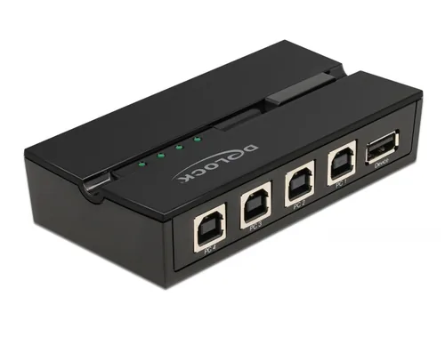 Delock USB-Switch 11493 - Anzahl Eingänge: 4 × - Steckertyp Seite A: USB-B Buchse - Anzahl Ausgänge: 1 × - Steckertyp Seite B: USB-A Buchse - Material: Kunststoff - Bedienungsart: Tasten