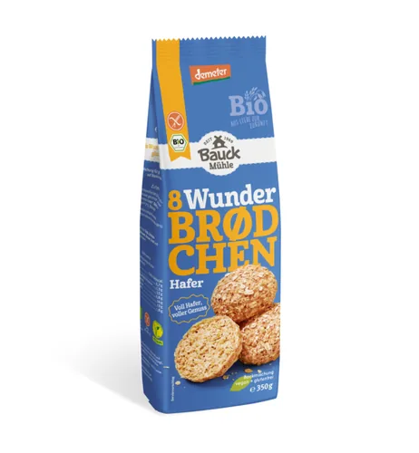 Bauck Mühle Backmischung Wunderbrodchen Hafer 350 g - Nährwertangabe pro: 100 g - Energiegehalt (in kj): 1540 KJ - Energiegehalt (in kcal): 366 Kcal - Fett: 8.7 g - Produkttyp: Brot - Davon gesättigte Fettsäuren: 1.3 g