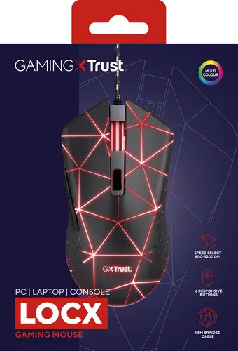 Trust Gaming-Maus GXT 133 Locx - Maus Features: Geflechtkabel - Umschaltbare DPI-Auflösung - Daumentaste - Beleuchtung - Scrollrad - Bedienungsseite: Universal - Detailfarbe: Schwarz - Gewicht: 86 g - 133 g - Verbindungsart: Verkabelt - Schnittstelle: USB