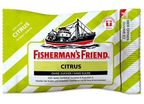 Fisherman's Bonbons Citrus 25 g - Produkttyp: Lutschbonbons - Nährwertangabe pro: 100 g - Energiegehalt (in kj): 1057 KJ - Energiegehalt (in kcal): 253 Kcal - Fett: 1.4 g - Davon gesättigte Fettsäuren: 1.3 g