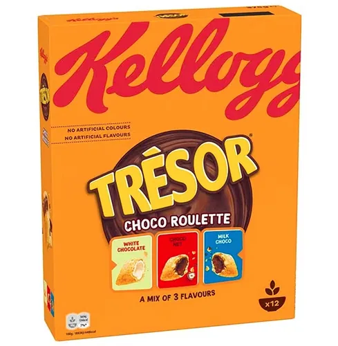 Kellogg's Cerealien Tresor Roulette 375 g - Produkttyp: Schokolade - Nährwertangabe pro: 100 g - Energiegehalt (in kj): 1877 KJ - Energiegehalt (in kcal): 447 Kcal - Fett: 15 g - Gesättigte Fettsäuren: 4.5 g