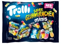 Trolli Gummibonbons Saure Glühwürmchen Minis 200 g - Produkttyp: Gummibonbons - Nährwertangabe pro: 100 g - Energiegehalt (in kj): 1424 KJ - Energiegehalt (in kcal): 335 Kcal - Fett: 0 g - Davon gesättigte Fettsäuren: 0 g