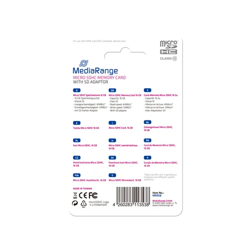 MediaRange SD MicroSD Card 16GB SD CL.10 inkl. Adapter