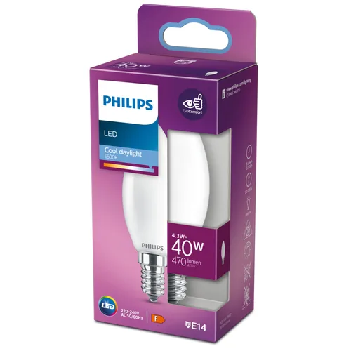 Philips Lampe LEDcla40W E14 CDL B35 FR ND SRT4 - Energieeffizienzklasse EnEV 2020: F - Lampensockel: E14 - Farbtemperatur Kelvin: 6500 K - Gesamtleistung: 4.3 W - Dimmbar: nicht dimmbar - Zusätzliche Ausstattung: EyeComfort
