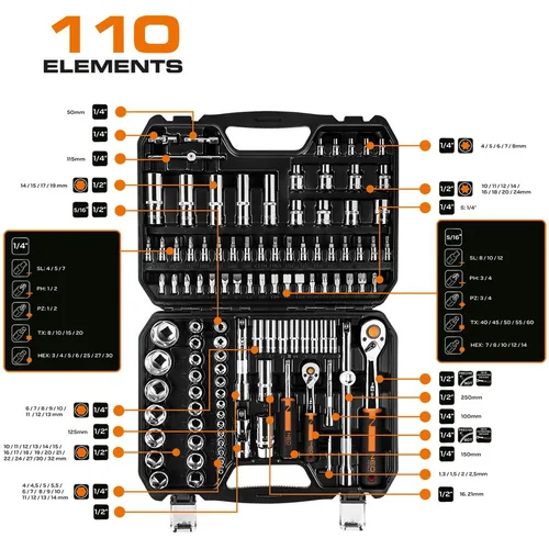 Socket wrenches 1/4, 1/2, set of 110 pcs, CrV
