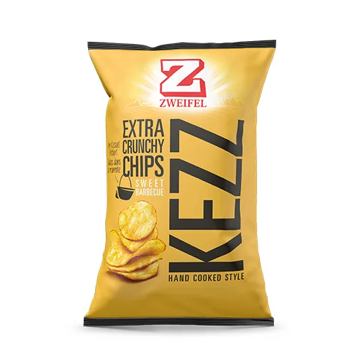 Zweifel Chips KEZZ Sweet Barbecue 110 g - Produkttyp: Nacho & Spezialitäten Chips - Nährwertangabe pro: 100 g - Energiegehalt (in kj): 2100 KJ - Energiegehalt (in kcal): 501 Kcal - Fett: 25 g - Gesättigte Fettsäuren: 2 g