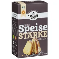 Bauck Mühle Bio  Speisestärke sehr fein glutenfrei 250 g - Produkttyp: Saucenbinder - Nährwertangabe pro: 100 g - Energiegehalt (in kj): 1479 KJ - Energiegehalt (in kcal): 348 Kcal - Fett: 0.1 g - Davon gesättigte Fettsäuren: 0 g